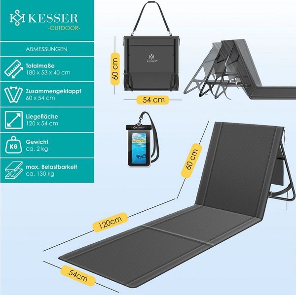 KESSER Gartenliege Strandmatte klappbar mit verstellbarer Rückenlehne max. 130 kg, 1 St, Strandliege mit Tragegurt, wasserdichter Handyhülle & Tragetasche, Sonnenliege faltbar für Strand, Garten & Terrasse Liegematte