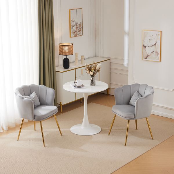 Essstuhl grau Samt mit Blütenblatt-Design, Sitzhöhe 48 cm, vergoldete Metalllbeine, gepolstert,63*58*77 cm,2‑Set