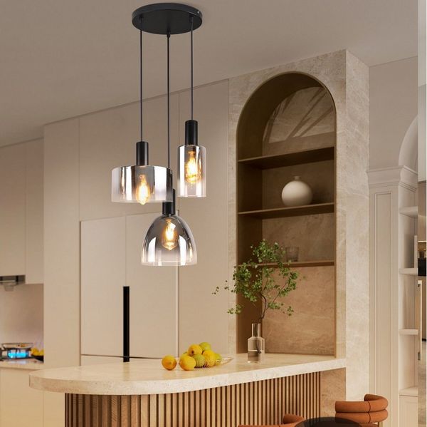 ZMH Pendelleuchte 3/4 Flammig E27 Esszimmer Rauchgrau 180CM Hängeleuchte Treppenhaus, Augenschutz, ohne Leuchtmittel, Höhenverstellbar Glas Vintage Pendellampe für Schlafzimmer Küche