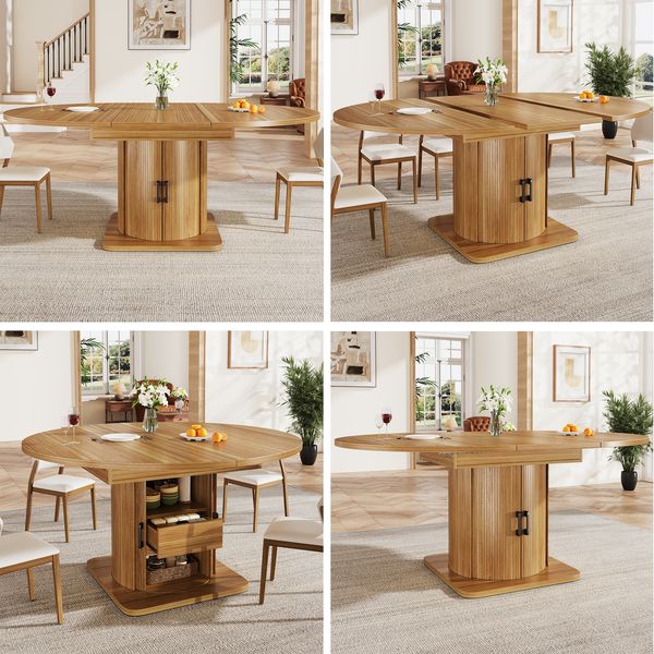 Esstisch ausziehbar, Esszimmertisch, Küchentisch, Runder Esstisch, ausziehbar zu oval, 118-158 cm, Platz für bis zu 6 Personen, Esstisch mit Schubladen,dunkelbraun