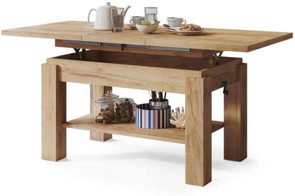 designimpex Couchtisch Couchtisch Astoria Eiche Gold höhenverstellbar ausziehbar Esstisch, Funktionstisch, Wohnzimmertisch, Tisch, Esstisch, Sofatisch