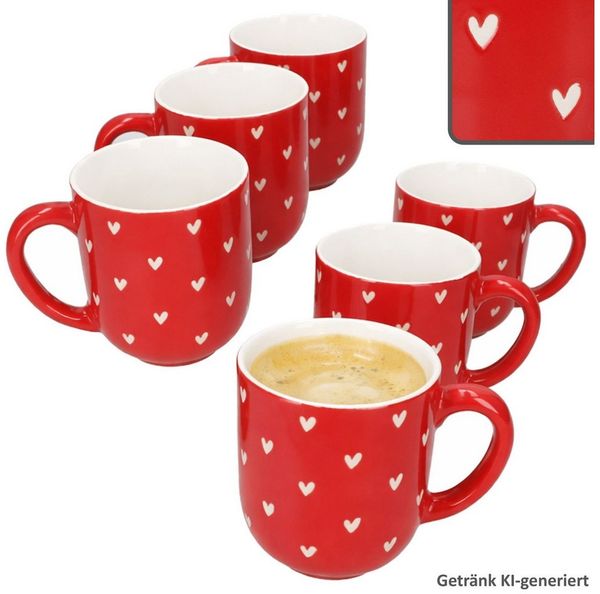MamboCat Becher MamboCat 6er Set Love Kaffeebecher Porzellan rot weiße Herzen 300ml, Porzellan