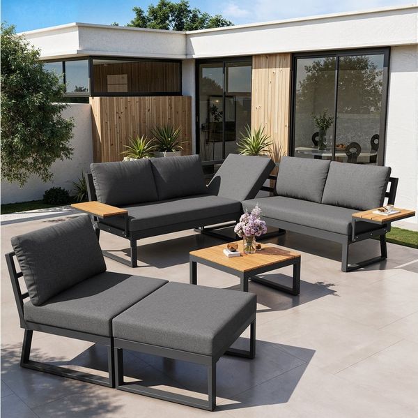Flieks Gartenlounge-Set, 7-Sitzer L-Form Gartenmöbel Sitzgruppe Eckgarnitur Freie Kombination