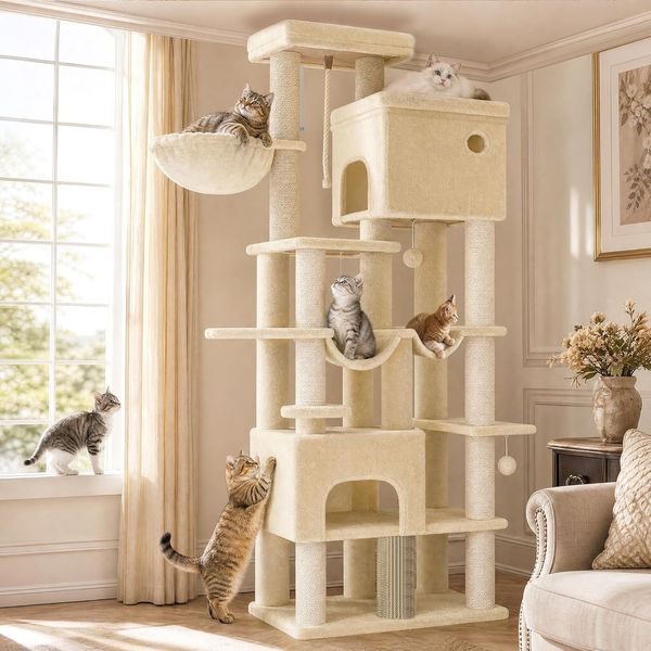 Kratzbaum, 185 cm XL Kratzbaum mit 10 Kratzsäulen, 2 Höhlen, 2 Hängematten, große Plattform, Katzenbürsten, Korb,Schwerer Katzenbaum für Maine Coon, große Katzen, Beige