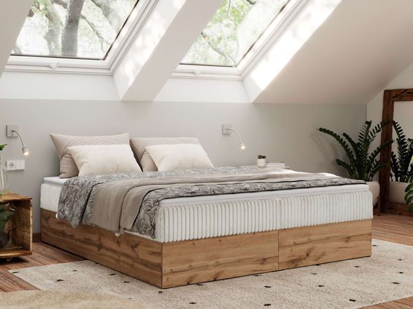 Polsterbett mit Bettkasten, Boxspringbett ohne Kopfteil WOOD ZERO, 7-Zonen Multipocket-Matratze und Topper, modernes Bett für Schlafzimmer - Beige Cordstoff - 200 x 200 cm - H3