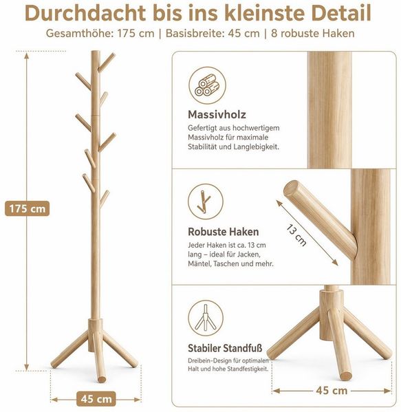 PIPISHELL Garderobenständer Kleiderständer, freistehend, mit 3 verstellbaren Größen & 8 Haken, (stabile Konstruktion aus Kiefernholz), höhenverstellbar für Kinder, Jugendliche und Erwachsene Bild 4