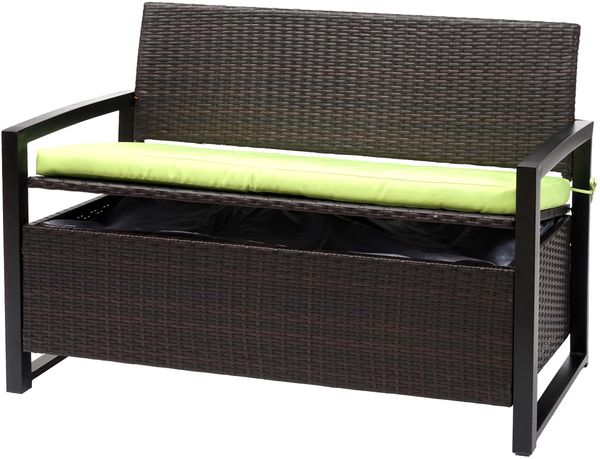 Poly-Rattan 2er Sitzbank HWC-F39, Gartenbank Truhenbank, Staufach Aufbewahrung Sitzkissen ~ braun, Kissen grün