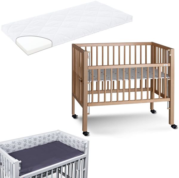 Tissi Anstellbett / Beistellbett Sophie inkl. Matratze und Nestchen Grau Lion, Buche Natur