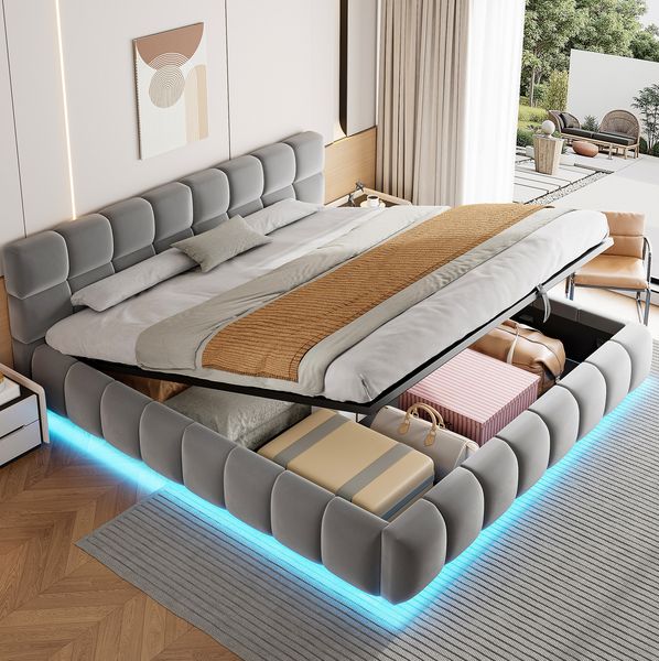 Polsterbett 180x200 cm mit hydraulischem Stauraum, LED-Beleuchtung und Samtbezug in Grau