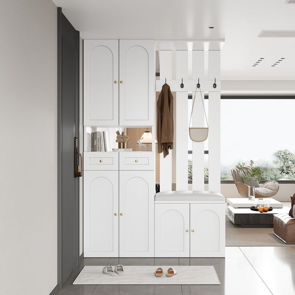 Garderobenset , Wandgarderobe; Garderoben Set mit Schuhbank und schuhrank ,4 Haken, 6 Türen, 2 Schublade, Weiß Flurmöbel (B110×H180×T37cm)