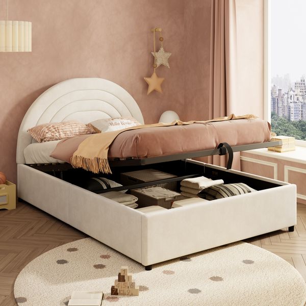 Polsterbett 140*190, Kinderbett mit Lattenrost und Kopfteil, Jugendbett, für Erwachsene und Jugendliche geeignet, Holzlatten, einfache Montage, Samt, Beige
