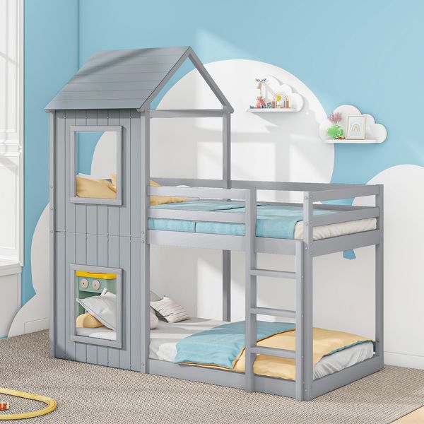 Etagenbett 90x200 cm – Massiv-Kiefer mit Baumhaus-Design und integriertem Sicherheitsgeländer, grau
