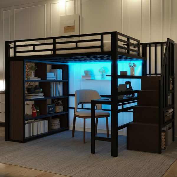 Hochbett 140x200 cm mit Schreibtisch, Stauraumtreppe und LED-Lichtleiste – Metall & MDF, Schwarz