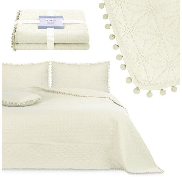AmeliaHome Tagesdecke mit Pompons 170x210 cm Bettüberwürf zweiseitig Ultrasonic Steppung Polyester Meadore Creme