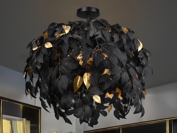 Große LED Deckenleuchte mit Blätter Lampenschirm Schwarz-Gold, Ø 70cm Bild 6