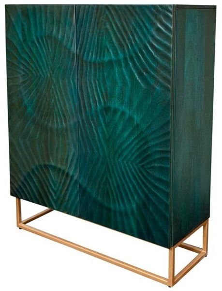 riess-ambiente Highboard SCORPION 120cm türkis/gold - Hochschrank aus Mango-Massivholz (Einzelartikel, 1 St), Metall-Gestell · 3D Schnitzereien · 2 Türen · 6 Fächer · Wohnzimmer