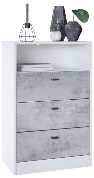 Vladon Kommode Pino V2, Anrichte mit 3 Schubladen & 1 offenem Fach, Weiß matt/Beton Oxid Optik (56 x 86,5 x 36 cm) Bild 4