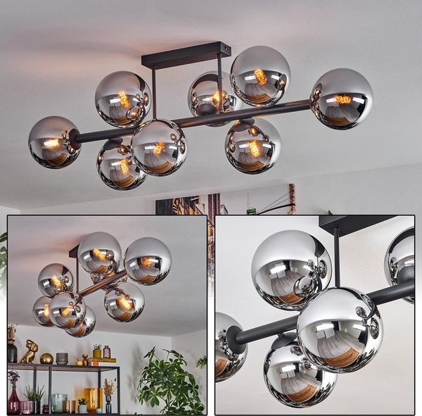 hofstein Deckenleuchte 8-flammige Deckenlampe aus Metall/Glas in Schwarz/Chrom/Rauch, ohne Leuchtmittel, im Retro/Vintage-Design (Schirme Ø 15 cm), E14