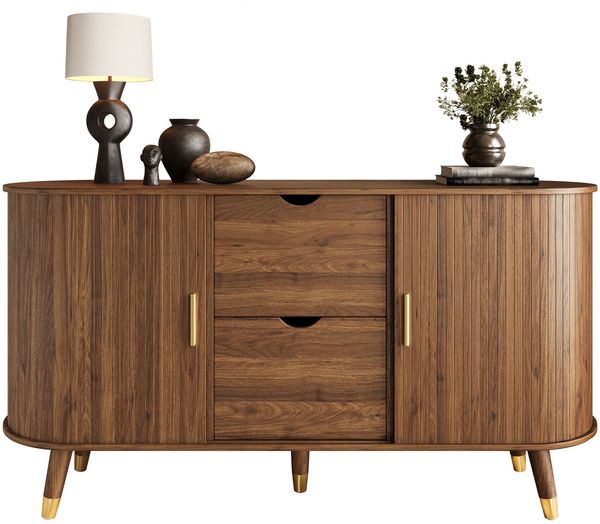Sideboard mit vertikaler Maserung, zwei Schiebetüren, zwei Schubladen, Massivholzbeinen und abgerundetem Eckschrank für das Wohnzimmer.