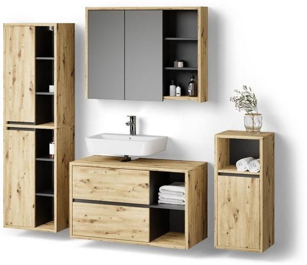 Livinity® Badmöbel-Set Vomano, Braun/Anthrazit, 4 Teile, (4-St)