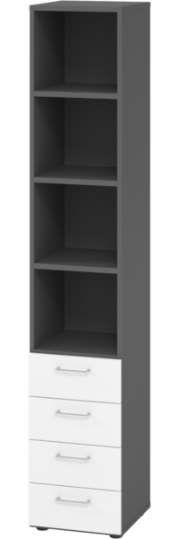 bümö smart Schubladenschrank, Büroschrank in Graphit/Weiß mit 4 Schüben & 4 Regalfächern - Bürocontainer aus Holz, Container mit Metallgriffen & Soft-Stop Schubladen, 964S4-G-W-BS