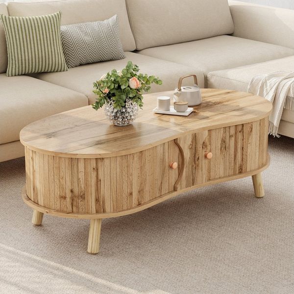 Merax Couchtisch mit Erbsenform mit Rillenoptik, Sofatisch in Holzoptik (1-St, 108 x 50 x 37 cm), Wohnzimmertisch mit 2 Schiebetüren, Stauraum & Massivholzbeine