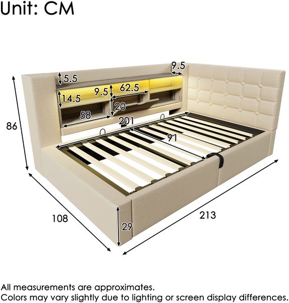 Merax Einzelbett 90x200 cm Polsterbett mit LED-Beleuchtung, hydraulischem Stauraum, L-förmigem Kopfteil mit Stauraum, beidseitig montierbar, Leinen, Beige Bild 4