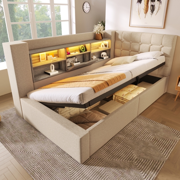 Merax Einzelbett 90x200 cm Polsterbett mit LED-Beleuchtung, hydraulischem Stauraum, L-förmigem Kopfteil mit Stauraum, beidseitig montierbar, Leinen, Beige