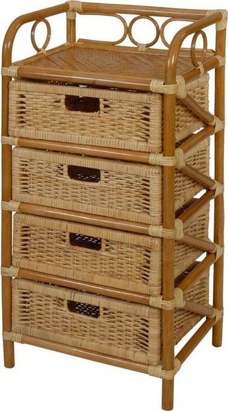 Krines Home Badregal Rattan Standregal Kommode Rattan Korb Regal Badregal mit 4 Schubladen, Handgearbeitet