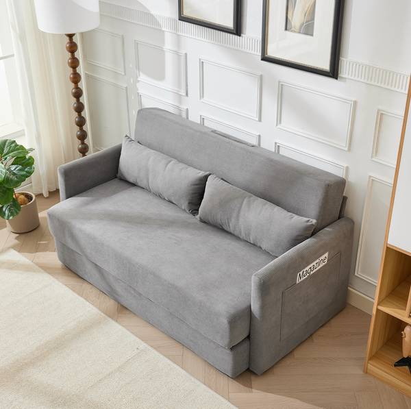 2-Sitzer Schlafsofa aus Cord, 2-in-1 Klappsofa mit Magazintaschen, 165x92x82 cm, Grau