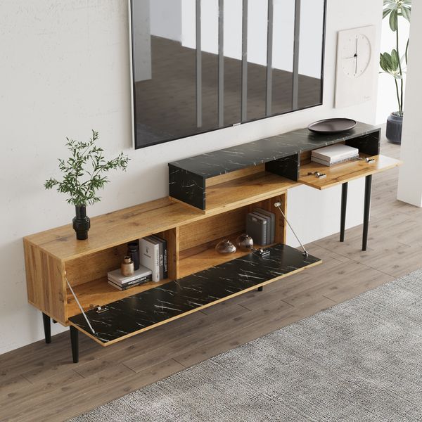 Moderner TV-Ständer mit Marmor- und Holzmaserungsdesign, PVC-Kante, Eisenbeinen, natürliche Holzfarbe, 240x22.5x58cm, Marmor+Holzoptik