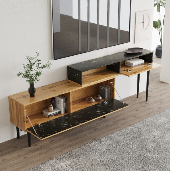 Moderner TV-Ständer mit Marmor- und Holzmaserungsdesign, PVC-Kante, Eisenbeinen, natürliche Holzfarbe, 240x22.5x58cm, Marmor+Holzoptik