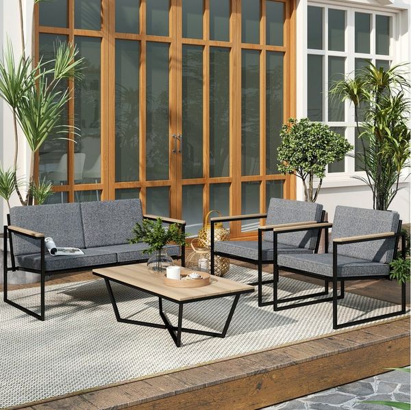 Outsunny Sitzgruppe 4 Personen, mit 2er Sofa, 2 Stühle, Sitzkissen, Beistelltisch, (Gartenmöbel Set, 4-tlg, wetterfest Balkonmöbel-Set), für Garten, Terrasse, Balkon, Grau