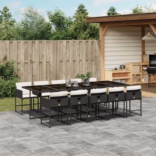 vidaXL 11-tlg. Garten-Essgruppe mit Kissen Schwarz Poly Rattan 3211290