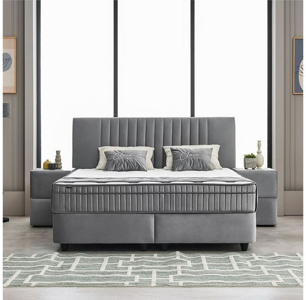 abc bedding Boxspringbett Komfortbett CLARA in Grau Samt-Stoff (Bett mit Topper, 3-St, inkl. Matratze und Topper), Voll-orthopädisches Schlafsystem inklusive Bettkasten