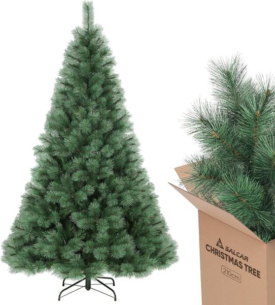SALCAR Künstlicher Weihnachtsbaum 210 cm, Kiefer Tannenbaum (Ø ca. 122 cm) mit Metallständer, Schnellaufbau-Klappsystem, 2,1 m Christbaum für Innenbereich, einfacher Aufbau