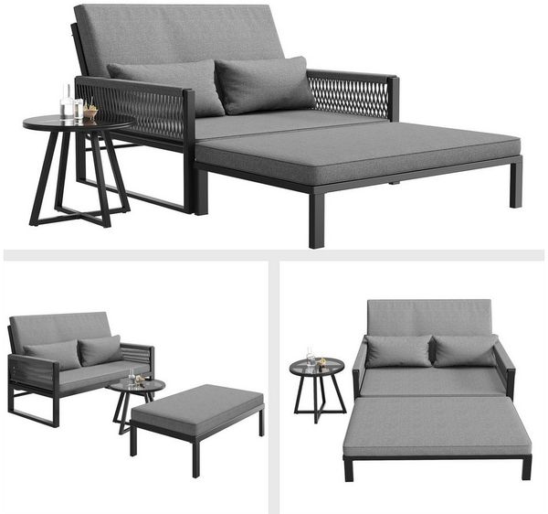 i@home Gartenlounge-Set 2-in-1 Sofa-Bett mit verstellbarer Rückenlehne & Fußhocker, Grau, (Modernes Outdoor-Sofa mit Glastisch, 3-tlg), für Garten, Terrasse & Pool