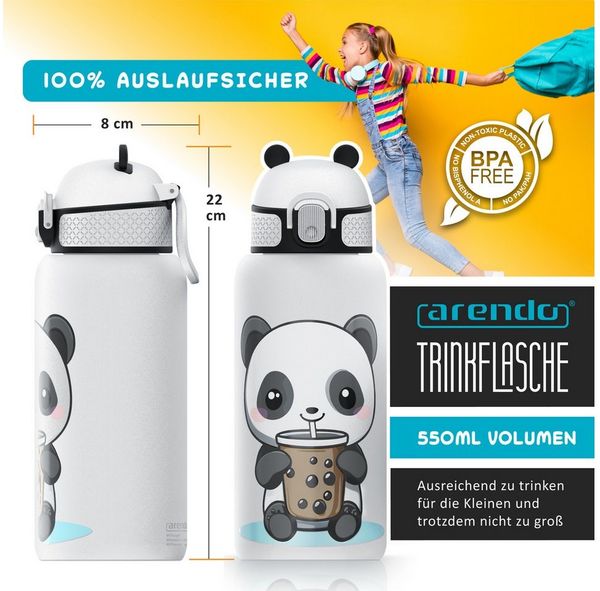 Arendo Thermobecher für Kinder, Becher mit Deckel & Strohhalm Trinkhalm, Edelstahl, 1-tlg, Edelstahl (Becher), Silikon (Trinkhalm), Kunststoff (Deckel), 550 ml, doppelwandig, auslaufsicher, Klickverschluss, Tragegriff