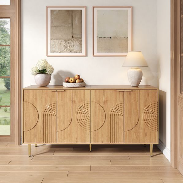 Modernes Sideboard Naturholz, 140x40x72 cm, 4 Türen, verstellbare Einlegeböden