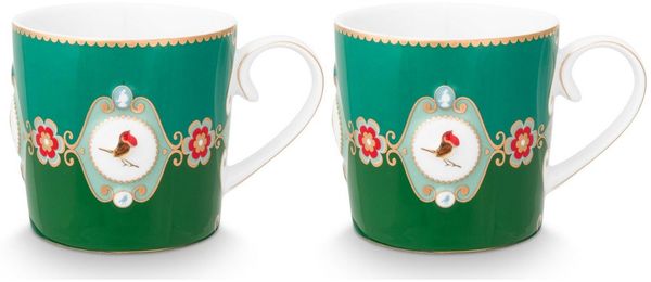 PiP Studio Becher Love Birds Medallion Emerald-Green Henkelbecher Small 0,15l Set2, Porzellan