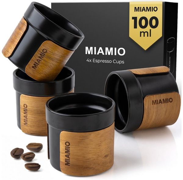 MiaMio Espressotasse ohne Henkel mit Holzmanschette, 100 ml, Schwarz, 4-tlg, Keramik