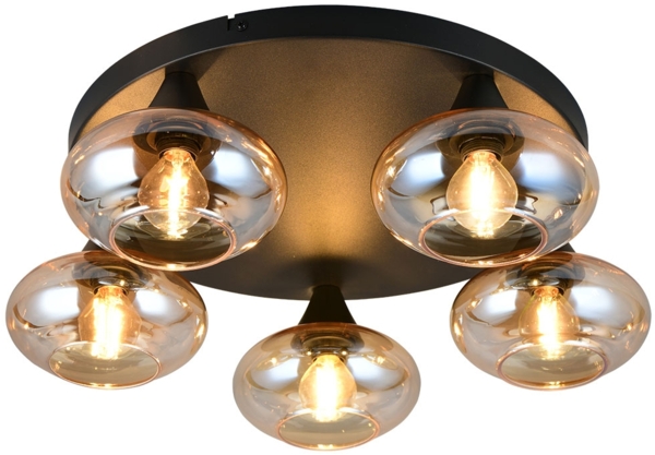 Deckenleuchte, 5-flammig, Glas amber, schwarz, D 49 cm
