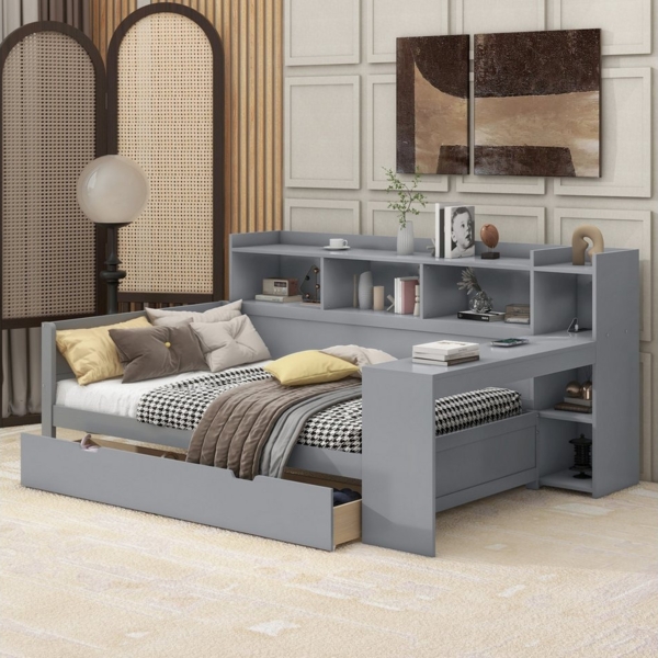 OKWISH Schlafsofa Tagesbett,mit integriertem Schreibtisch und USB-Ladeanschluss, Schlafsofa, Tagesbett mit 2 Schubladen, USB-Anschluss & Ladebuchse, Nachttischablage, Multifunktionales Daybed für, ohne Matratze, ohne Matratze