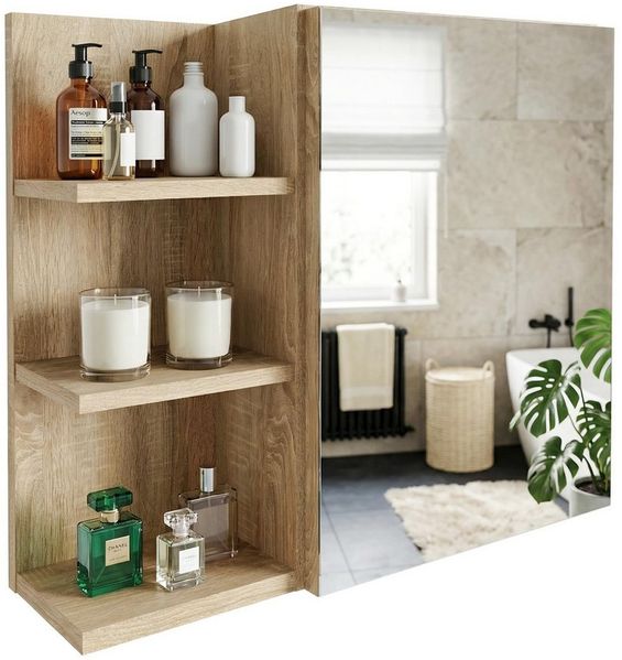 TREND WERK Spiegelschrank Badezimmer mit Ablage & Stauraum (59×16×50 cm Hängender Badezimmerschrank zur Wandmontage mit Regal) – modern & pflegeleicht