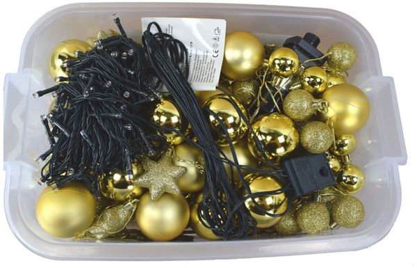 Christbaumschmuck-Set 100tlg. mit LED-Lichterkette & Box, Rot Gold oder Silber gold