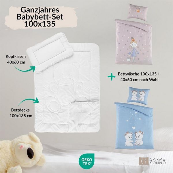 Carpe Sonno Kinderbettdecke + Kopfkissen + Bettwäsche 100x135 40x60 Baby Säugling Bettset Erstlingsausstattung, Füllung: silikonisierte Hohlfaser, Bezug: 100% Polyester, Babybett Bettenset ALL IN ONE Jungen Bären