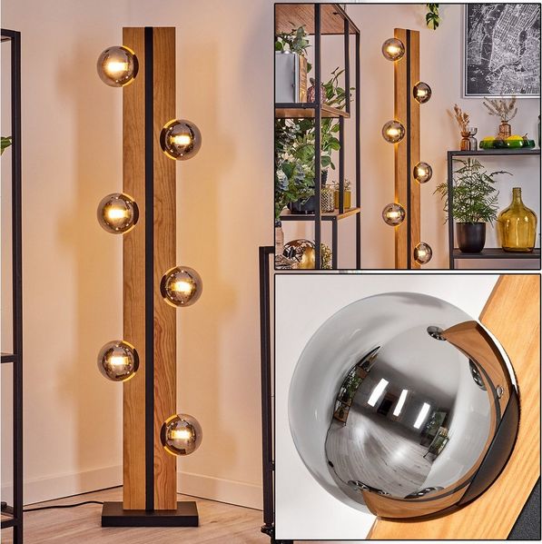 hofstein Stehlampe Stehlampe aus Holz/Metall/Glas in Natur/Schwarz/Chrom-/Rauchfarben, ohne Leuchtmittel, 120cm, G9, Fußschalter - Wohnzimmer, Schlafzimmer, Esszimmer, Flur