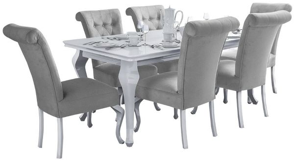 Deine Möbel 24 Essgruppe LUISE Tischgruppe Glamour Tisch mit 4 / 6 Stühlen Esszimmer, (Graphit Anthrazit Dunkelgrau Grau Beige Schwarz, 7-tlg, Wohnzimmer, Esstisch aus Massivholz), in Weiß hochglanz Stühle in Samt Velour 140x80x180 170x90x210