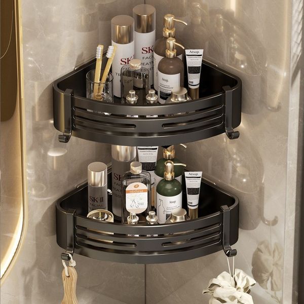 SURFOU Badregal Ecke Duschablage Ohne Bohren 2-Stück Duschregal Badezimmer Organizer, mit 4 Klebeflächen und 4 Haken 2-tlg, Rostfreier Edelstahl, für Bäder Küchen Duschgel (Grau & Schwarz)