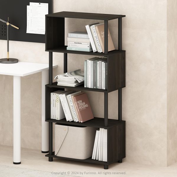 Furinno Reed Bücherregal, 5-stufiges Bücherregal, Bücherregal mit S-Form, 30 x 60 x 122, für Wohnzimmer, Schlafzimmer, Home Office, Espresso